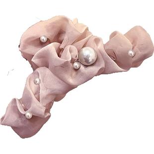 温柔珍珠网纱抓夹女高级感2025新款后脑勺盘发鲨鱼夹大号发夹头饰