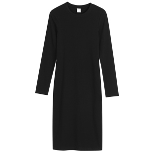 黑色长袖连衣裙内搭修身长款过膝裙子2025年春秋季薄款螺纹小黑裙