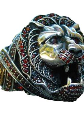 925纯银复古红色狮子头雕刻戒指