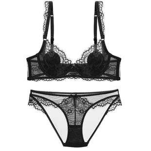 薄款内衣女大胸大码42码聚拢超薄性感C杯D罩杯E蕾丝文胸套装时尚