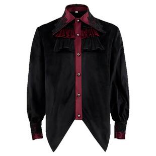 欧美宫廷礼服荷叶边蕾丝衬衫男复古宽松吸血鬼燕尾服撞色丝绒衬衣