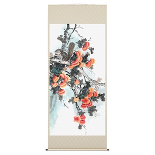 手绘定制国画柿子松鼠图装饰画松鼠拜寿书房挂画柿子松鼠水墨字画