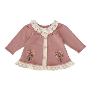 韩版女童毛衣外套宝宝公主纯棉绣花开衫婴幼儿花边领棉纱线针织衫