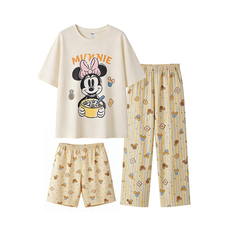 Disney/迪士尼三件套春夏新款套头女纯棉胸垫卡通舒适家居服0460
