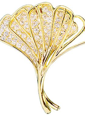 设计感14K金银杏叶花朵胸针女高档奢华多功能真金镀层加厚保色