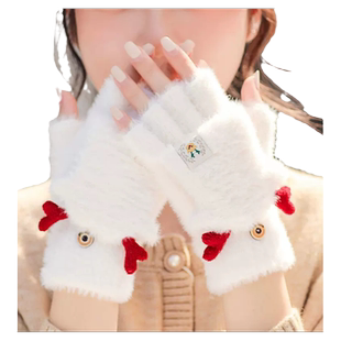 女士白色手套冬天保暖加绒加厚学生写字骑行可爱针织半指翻盖手套