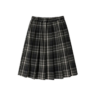 咖色毛呢格子半身裙女秋冬复古百褶裙高腰学院风A字格纹五分中裙