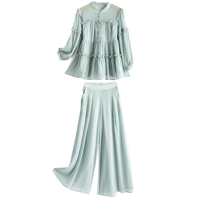 套装春夏灯笼袖木耳边拼接腿裤