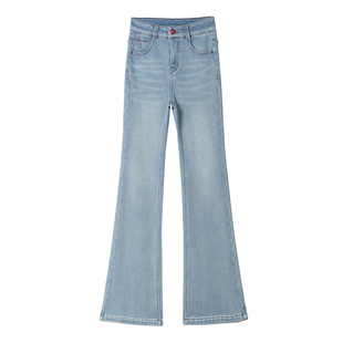 浅蓝色微喇牛仔裤女秋冬新款保暖弹力九分喇叭裤加绒加厚马蹄裤子