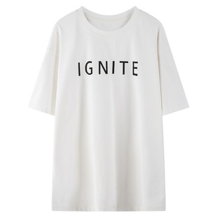 十一石 每年都爱穿全棉字母短袖T恤女小个子圆领套头宽松显瘦上衣