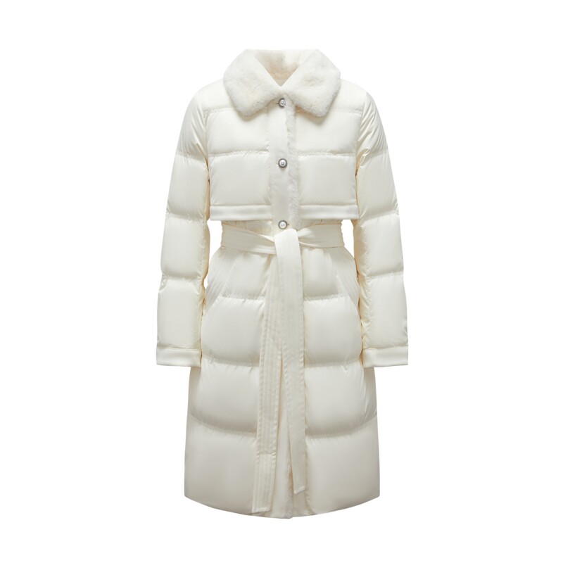 摩萨克冬白鸭绒90风衣复古毛领翻领中长款羽绒服外套女
