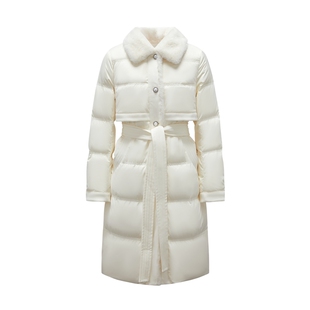 MOISSAC摩萨克冬白鸭绒90风衣复古毛领翻领中长款羽绒服外套女