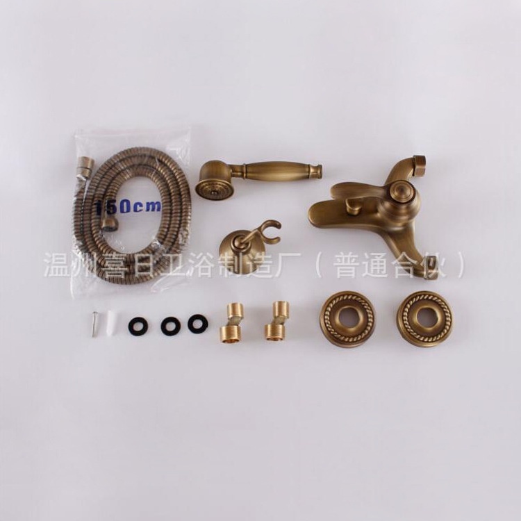 欧式仿古浴缸简易花洒冷热古洒淋浴花淋浴房黄铜混黑水龙头入墙式