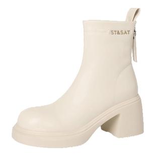 星期六厚底白色短靴女款2025新款秋季后拉链法式瘦瘦靴高跟马丁靴