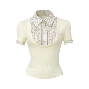 Lazy Didi初恋序章 学院风假两件短袖夏季娃娃领正肩修身拼色t恤