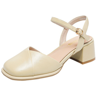 大东女包头凉鞋2026夏季新款时尚通勤女鞋粗跟高跟气质后空女凉鞋