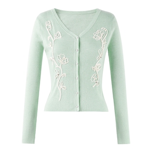 MISSCOCOON可可尼V领毛衣开衫外套女2026春季新款短款绿色针织衫