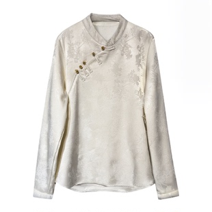 新中式国风 水貂毛 真丝提花小衫女冬季复古立领斜襟珠扣国风上衣