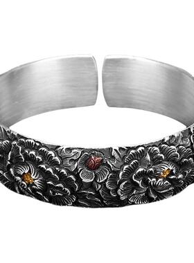 牡丹芳菲足银999手镯女民族风复古金银错纯手工錾刻银手镯送母亲