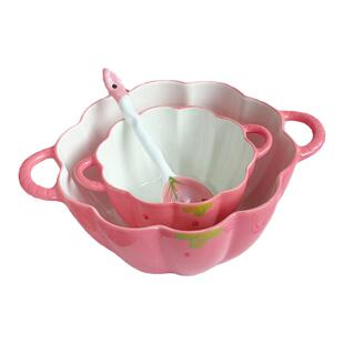 高颜值少女心草莓陶瓷双耳防烫大容量学生宿舍汤碗嗦粉碗甜品碗勺