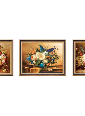 客厅装饰画欧美式三联油画中式复古风牡丹壁画正品沙发背景墙挂画