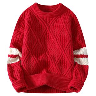 啄木鸟男装加厚保暖2026新款圆领秋冬季宽松本命年菱形扭花线衣