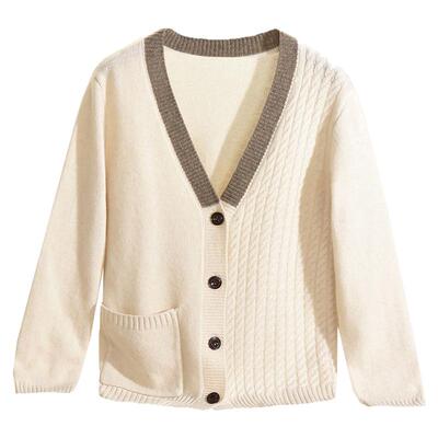 开衫上衣拼色微弹毛衣