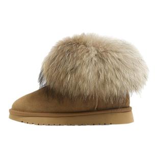 Forever21狐狸毛厚底牛皮雪地靴女2025新款冬加绒增高毛毛大棉鞋