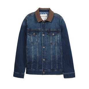 MCS男装源自万宝路春秋款拼接皮领牛仔外套水洗复古修身夹克外套