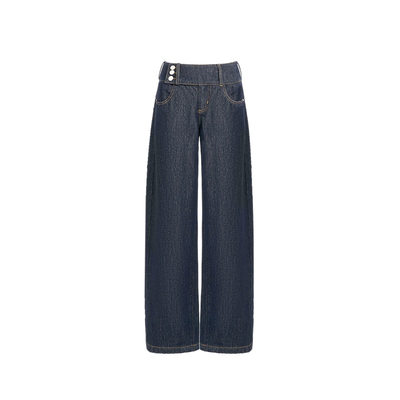 美式辣妹低腰宽腰头弯刀牛仔裤女