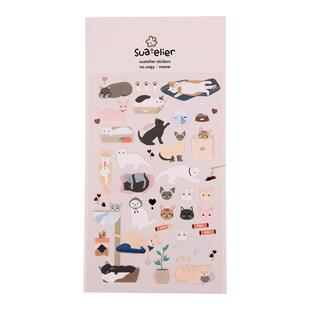 韩国SUATELIER可爱慵懒猫咪防水纸质小贴纸日记手账本DIY装饰贴画