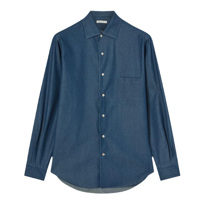 Loro Piana/诺悠翩雅男装尖翻领蓝色牛仔布休闲长袖衬衫