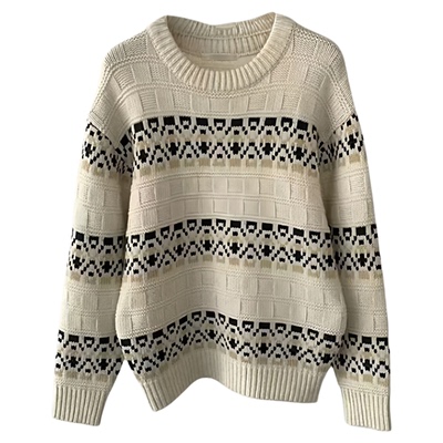 秒发！费尔岛撞色提花毛衣25秋冬韩国宽松复古圆领羊毛针织上衣女