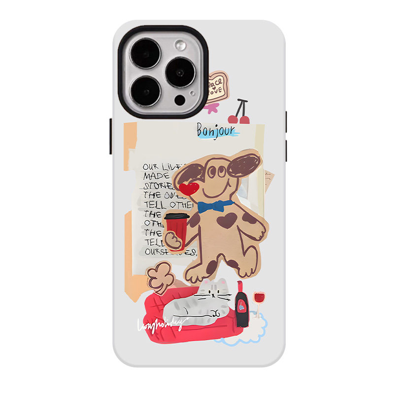 咖啡小狗适用苹果17promax手机壳iphone16pro菲林磁吸支架个性华为P80小米15小众vivo防摔保护壳oppo涂鸦做旧