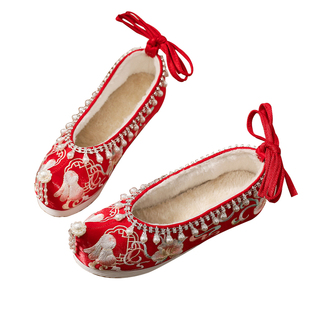 配汉服鞋子女冬季加绒内增高中式秀禾服婚鞋结婚绣花鞋香槟色棉鞋