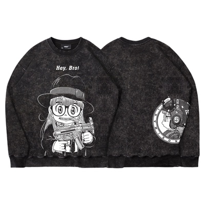 TEE7-阿拉蕾浴血黑帮跨次元联名水洗做旧美式重磅纯棉圆领卫衣