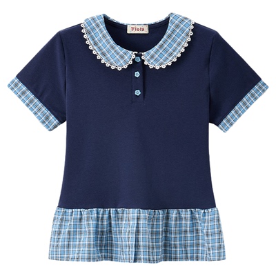 学院风格纹花边娃娃领短袖t恤女