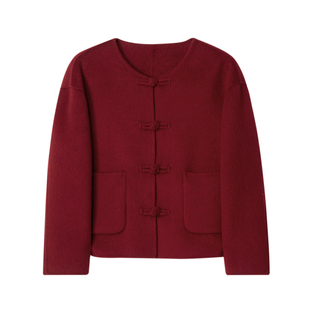 新中式双面羊绒短款无领正肩外套直筒小个子妈妈装蚕丝羊驼绒大衣