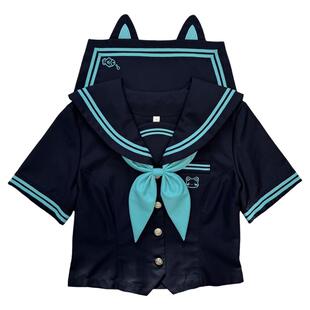 原创JK青色水手服学院风短袖制服日系二本收腰显瘦中间服校供套装
