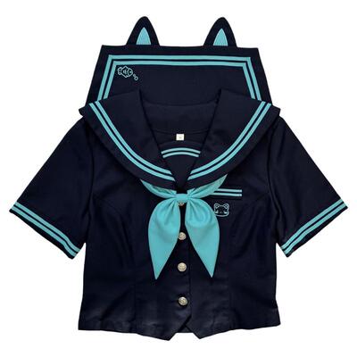 原创JK青色水手服学院风短袖制服日系二本收腰显瘦中间服校供套装