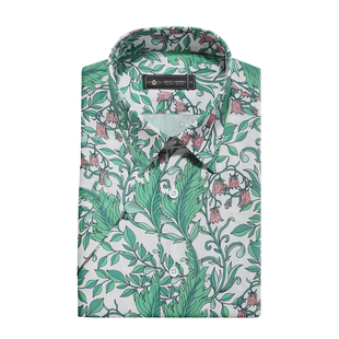 【天丝混纺】粉陌铃兰男士痞帅绿色花衬衫短袖衬衣男透气夏季新款