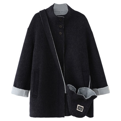 立领毛呢外套女中长款小个子大衣