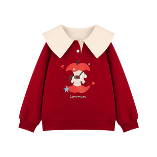 Amybaby女童上衣冬季2025新款美式撞色可爱潮流苹果印花加厚卫衣