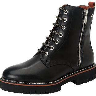 Pikolinos派高雁冬季牛皮圆头粗跟侧拉链中跟纯色马丁靴PA06802