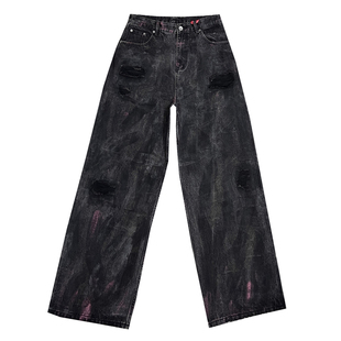 美式复古黑色扎染做旧牛仔裤男款假破洞直筒休闲宽松显瘦阔腿裤子