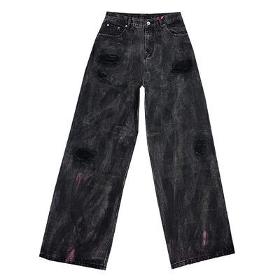 美式复古黑色扎染做旧牛仔裤男款假破洞直筒休闲宽松显瘦阔腿裤子