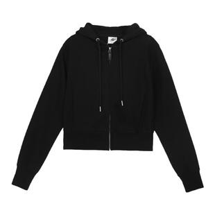 出逃赤岗西 黑色重磅短款连帽卫衣女秋拼接罗纹休闲运动拉链外套