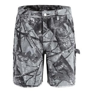 SlowGang复古工装迷彩短裤男夏季撞钉设计牛仔洗水做旧荆棘五分裤