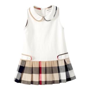 夏季新款大童女连衣裙英伦风女童白色无袖格子裙宝宝公主裙子洋气