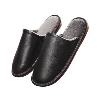 秋冬季牛皮棉拖鞋男女情侣居家用厚底室内防滑真皮面防水冬天保暖